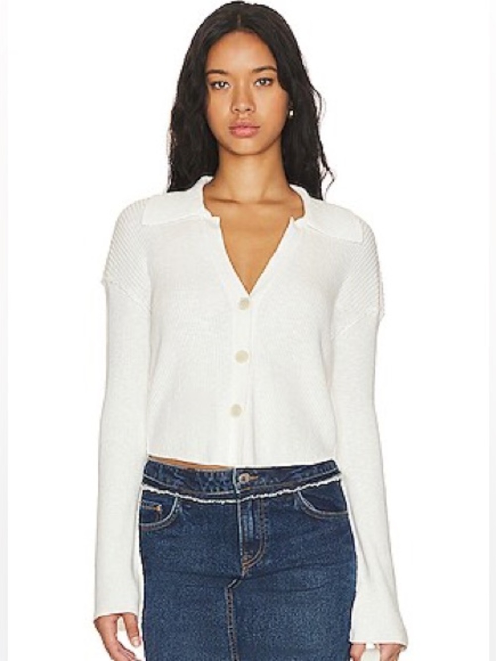 Free People Ella Cream Ribbed Crop Button-Front Shirt